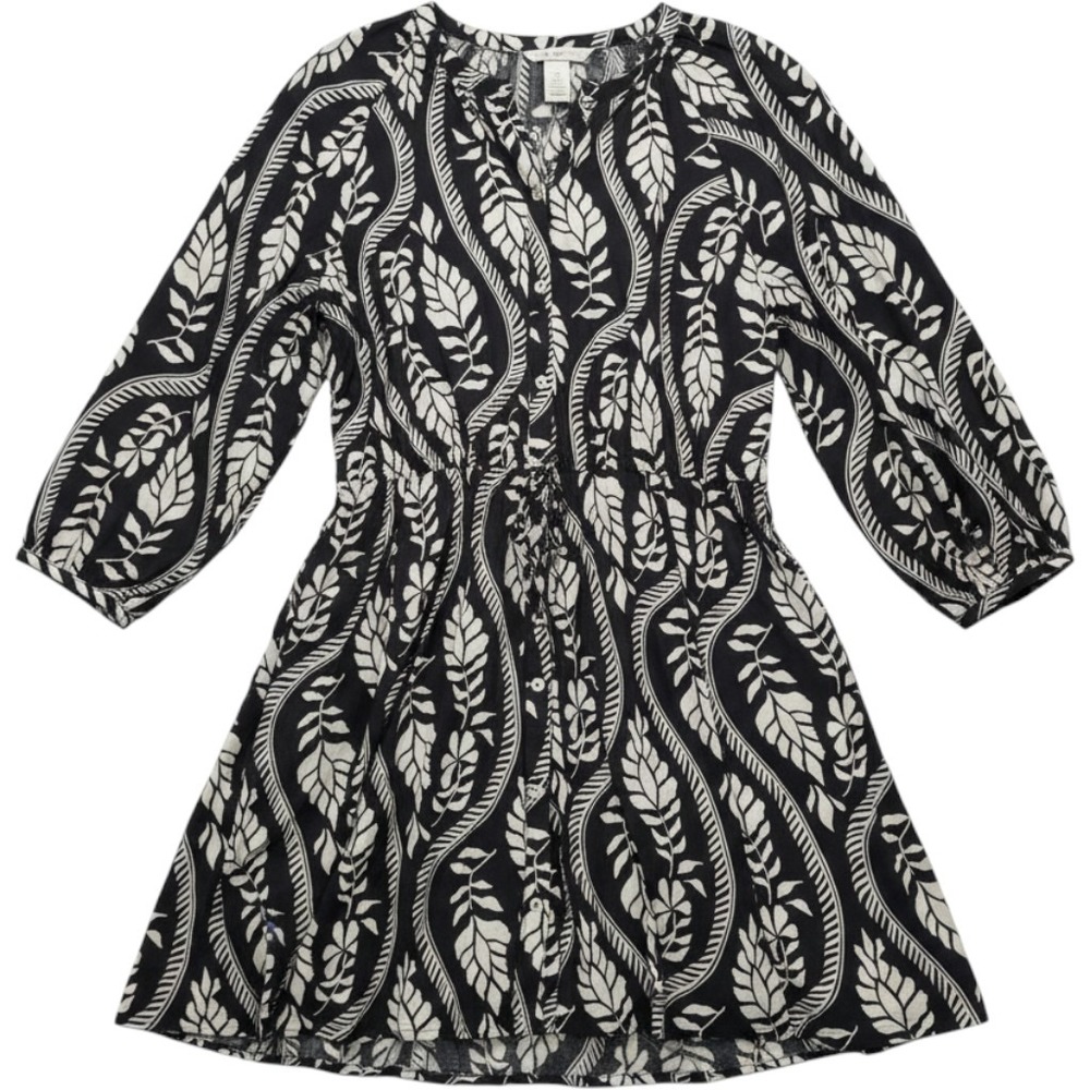 H&M Black White Leaf Print Cotton Mini Dress Small Elastic Waist 3/4 Sleeve